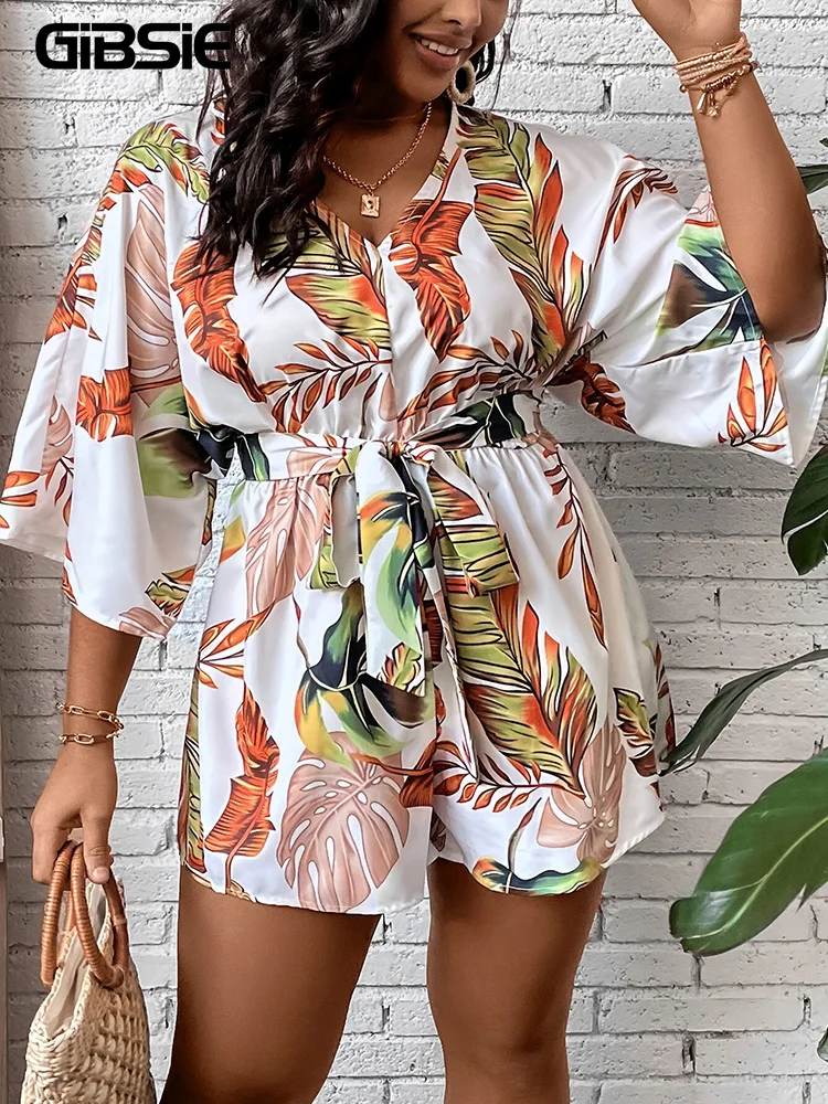 GIBSIE Plus Size Tropical Print Belted Jumpsuit Romper Women