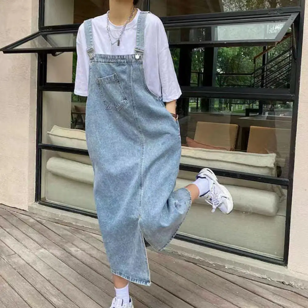 

Lightweight Denim Dress Versatile Denim Midi Dress with Suspender Design Side Pockets Adjustable Shoulder Straps for Students