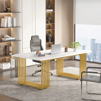 Scrivania da ufficio moderna Tribesigns, scrivania per computer in legno da 70,9", scrivania direzionale con gambe in metallo dorato, grande postazione di lavoro per ufficio domestico 1