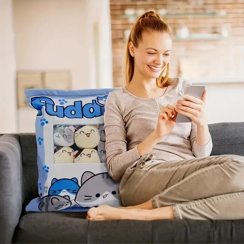 Cute Cat Rabbit Snack Pillow Pudding Decorative, Stuffed with Mini Animal Cat Dolls Pudding Plush Toy Kawaii Plush Pillow Gifts