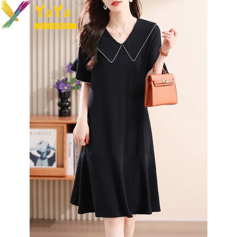

Elegant Black Chiffon Lapel Trumpet Sleeve Ruffle A-line Dress 2024 Summer Fashion Temperament Loose Casual Office Dress