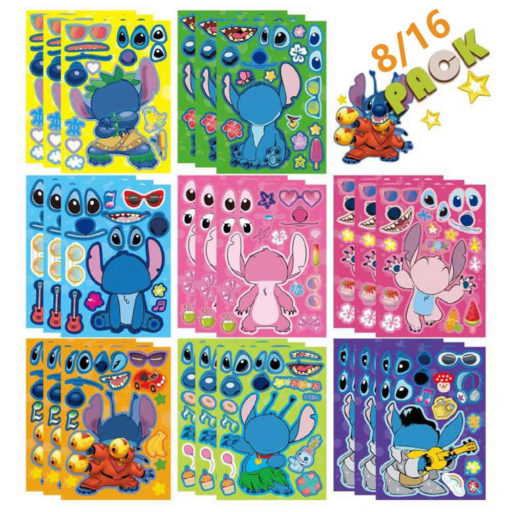 

8/16Sheets Make a Face Disney Cartoon Stitch Puzzle Stickers Games Kids Create Your Own DIY Assemble Jigsaw Children Party Toys