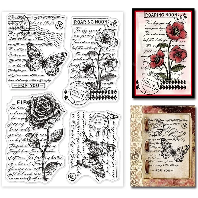 Vintage Floral Clear Stamp Art Words Transparent Silicone Stamp Butterfly Rose Rubber for Scrapbook Journal Card clear stamps clear rubber stamps