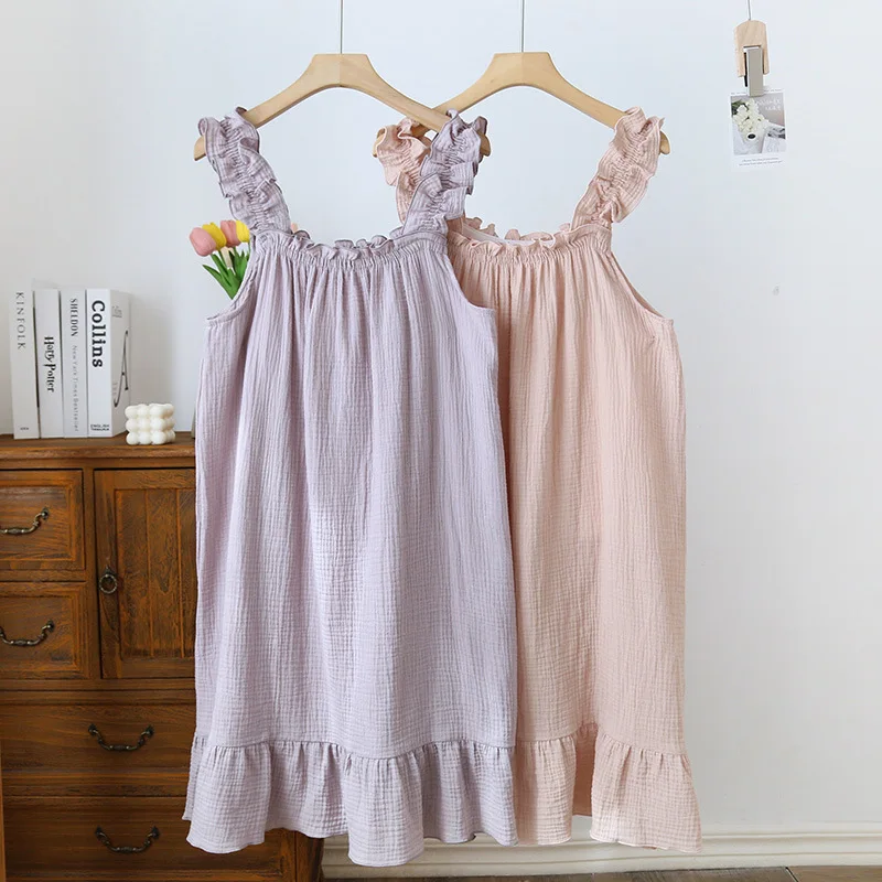 2024 New Japanese Summer Sleeping Dress 100% Cotton Crepe Thin Sling Dress Ladies Sweet And Cute Tank Top Abito Lungo Home Dress