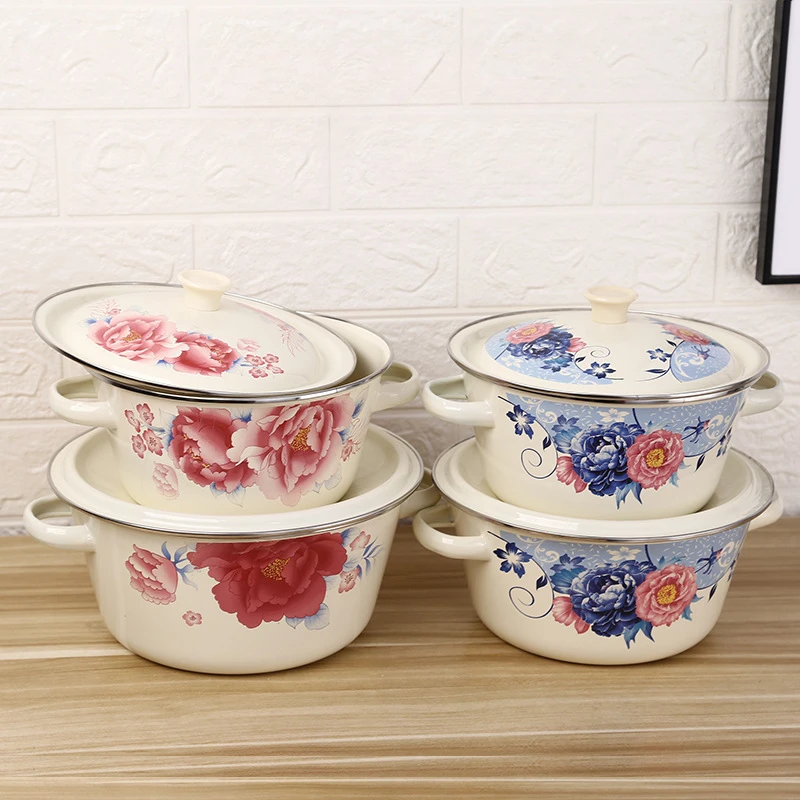Household Thickened Enamel Soup Pot with Ears and Lid Vintage Bowls Basin Classic Enamel Cake Vegetable Container Tableware enamel tableware