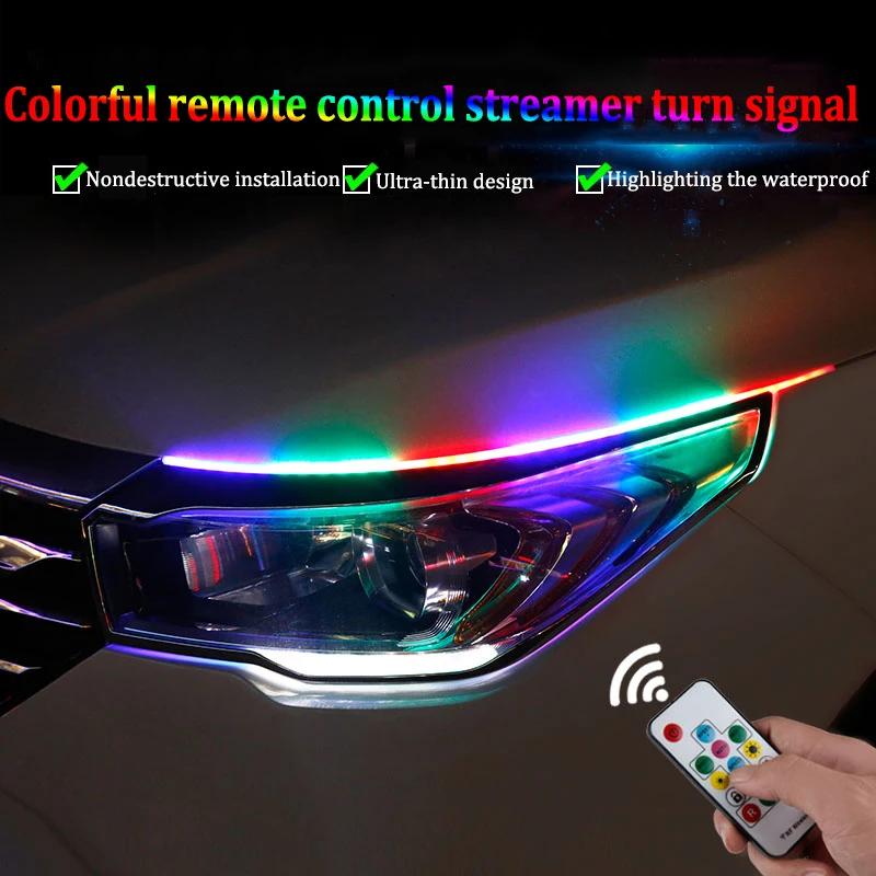 thumbnail image 1 of tiras de luces LED RGB que fluyen DRL, lámpara de señal de giro con aplicación remota RGB, luces LED de circulación diurna flexibles para faros delanteros de automóvil, impermeables, 1 of 4