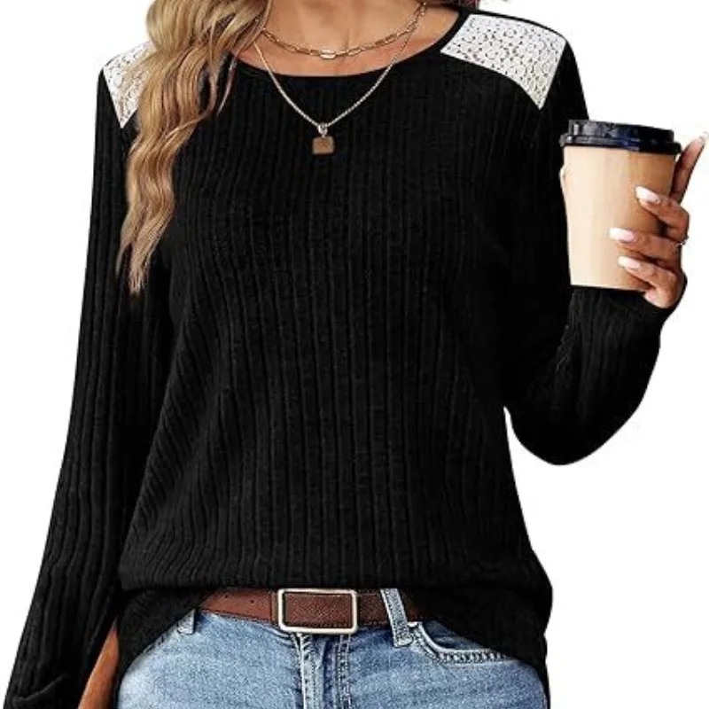 

Spring and Autumn Women's Solid Color Pullover Round Neck Panel Lace Loose Fit Long Sleeve T-shirt Fashion Elegant Commuter Tops