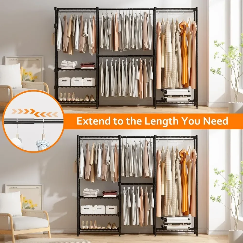 New2025-Adjustable Heavy Duty Wardrobe Closet Organizer - Expandable Metal Clothing Rack with 4 Hanging Rods, 6 Shelves, and 4 H