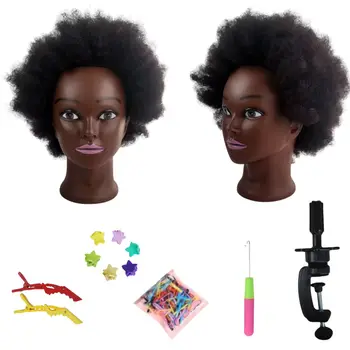 Afro Mannequin Heads wig for Braiding Hair Dolls head With Adjustable Wig Stand Holder Real Hair Training Hairdresser Model Kit