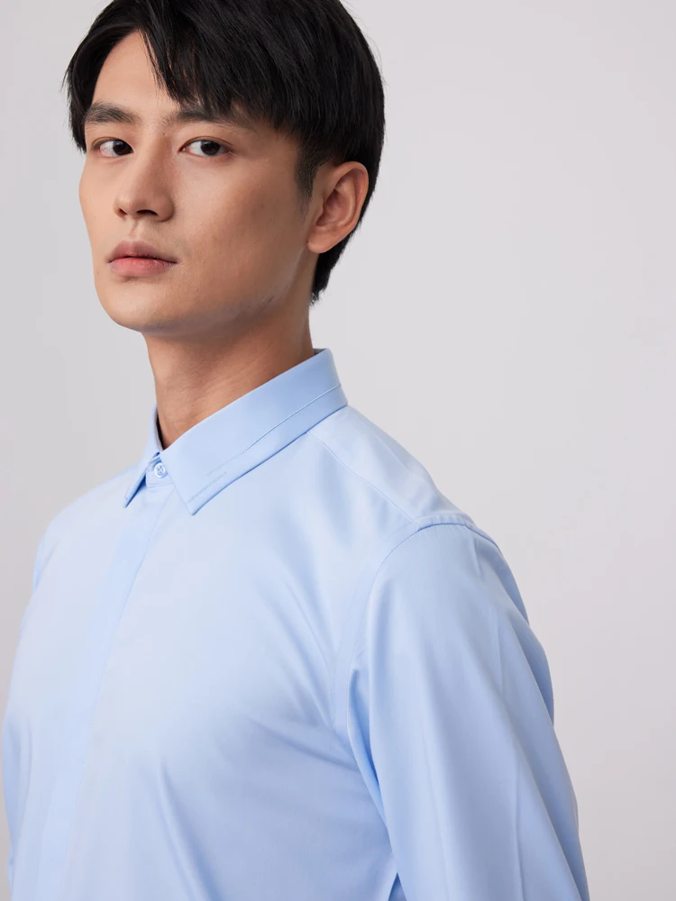 Men's Long Sleeve Casual Slight Strech Basic Shirt Without Pocket Front Hidden Buttons Placket Comfortable Slim-fit Dress Shirts