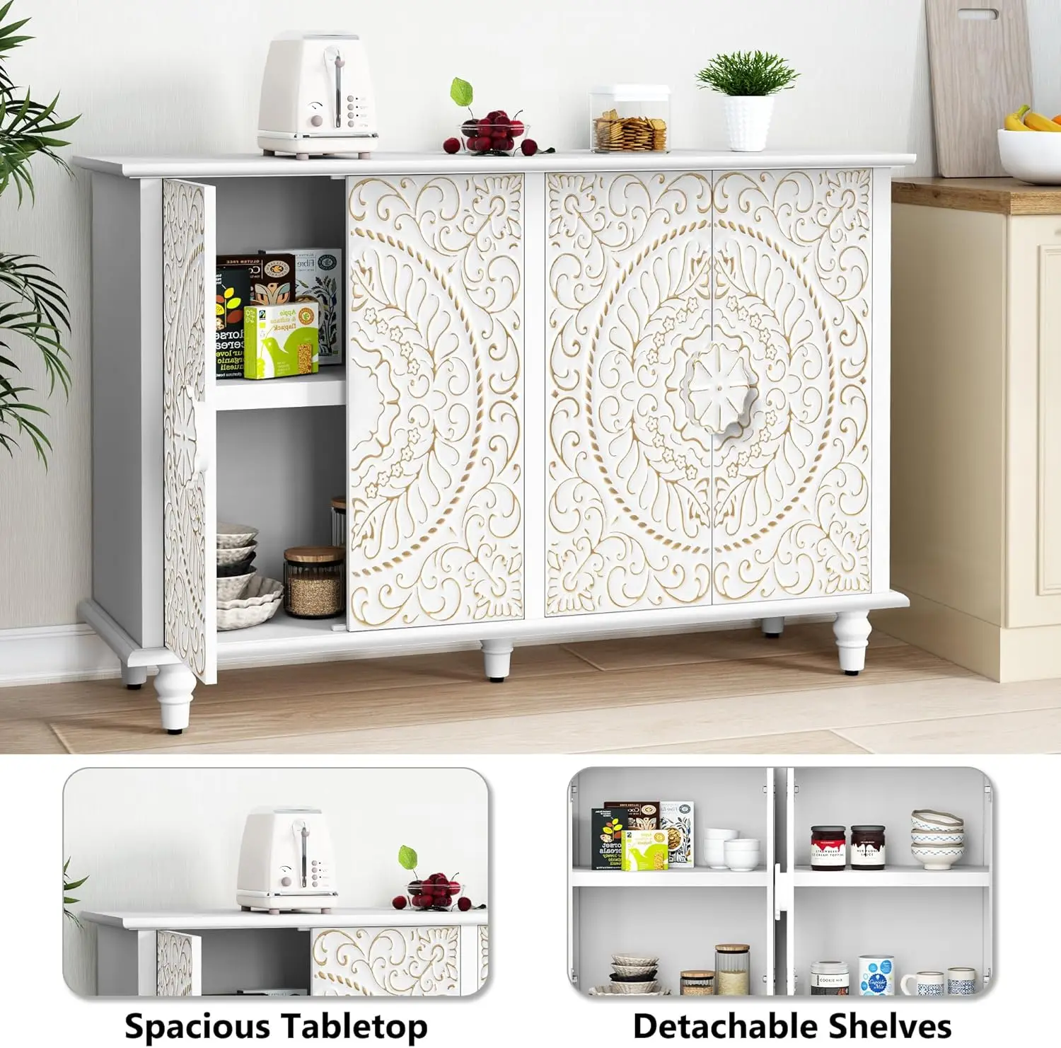 ARTPOWER Decorative Sideboard Buffet Cabinet with 4 Doors, White Accent Storage Cabinet with Carved Flower Pattern