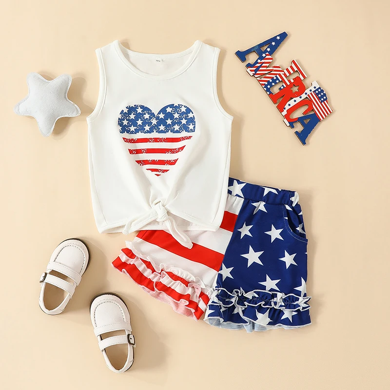 

2023-05-03 Lioraitiin 0-5Years Toddler Girls 2PCS Shorts Sets White Sleeveless Vest Stars Striped Shorts Independence Day Set