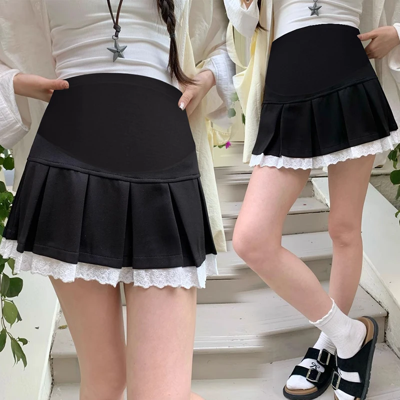 Good Quality Japanese Style Maternity Mini Skirts with Lining Shorts Lace Patchwork High Waist Pregnant Woman Pleated Skirt Cute