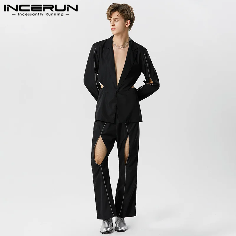 

Fashion Men Sets Patchwork Hollow Out Long Sleeve One Button Blazer & Pants 2PCS 2023 Streetwear Men Casual Suits S-5XL INCERUN