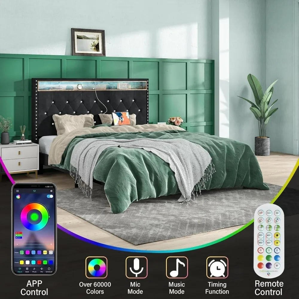 Queen Bed Frame with Led Lights, Charging Station & Storage Shelf Headboard, Diamond Tufted, Black Velvet Upholstered Bed Frame 6