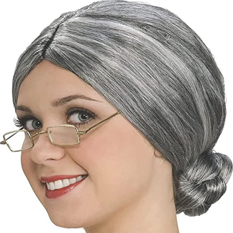 Gejoy 7 Pcs Set De Cosplay De Veille Dame, Perruque De Grand-Mère Gris Bonnet De Perruque Lunettes Chaîne De Lunettes Collier Bracelets Boucles D'Oreilles De Fausses Perles Deguisement Vieille Femme
