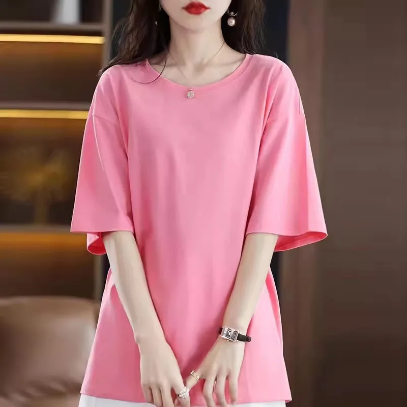 

Summer New Short-Sleeved Women's 100% Mercerized Cotton White Long Large Size Loose Shoulder Sleeve T-Shirt