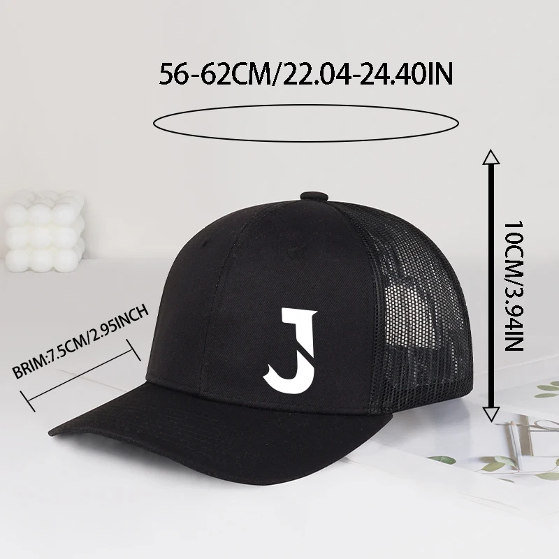 창의적인 “J” 프린트 트러커 캡 ? 봄/여름 캐주얼 모자, 가볍고 통기성이 좋으며 조절 가능한 선햇, 패션 액세서리