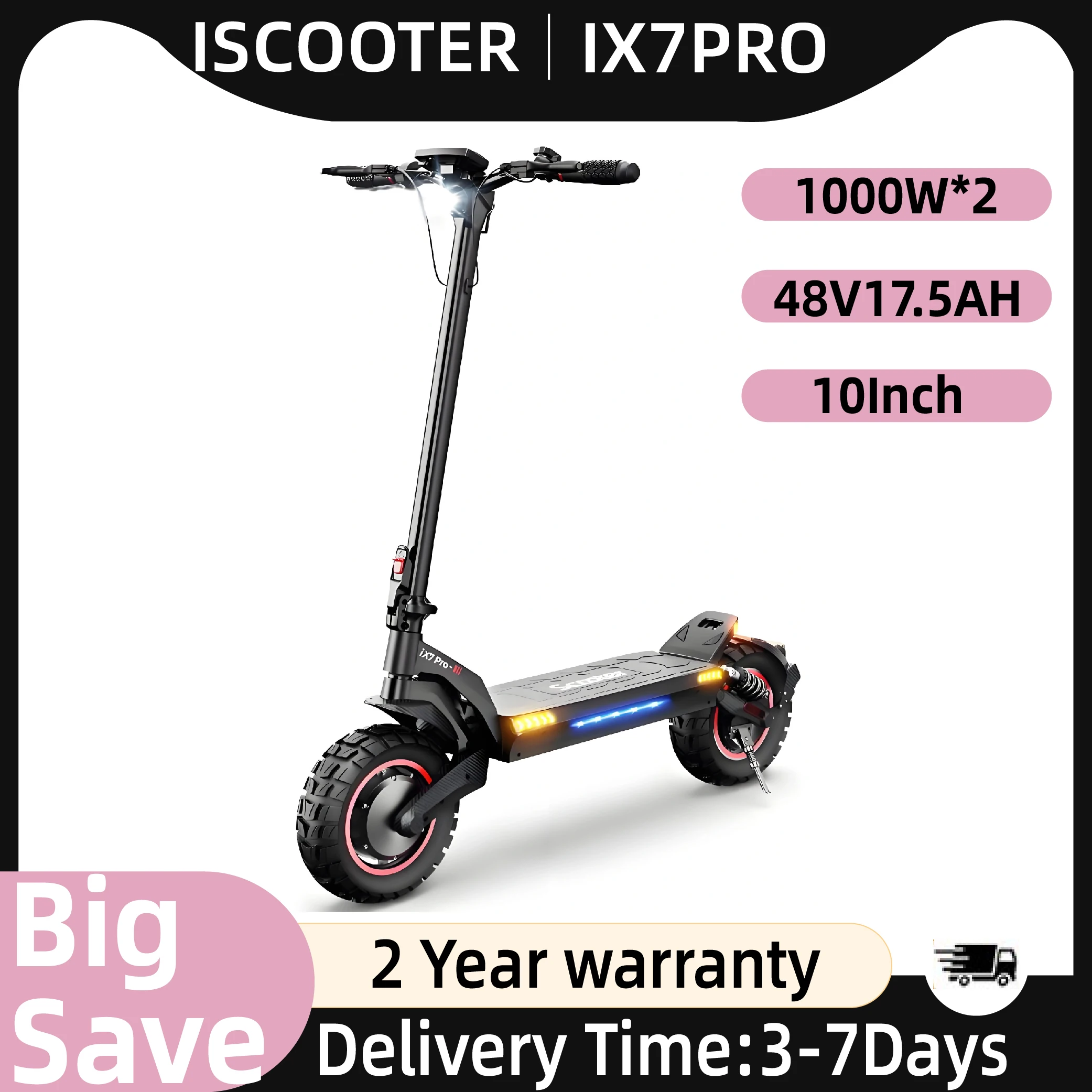 Monopattino Elettrico ISCOOTER IX7PRO per Adulti, Motore 1000W*2, E-Scooter 48V17.5AH, Pneumatici Fuoristrada da 10 Pollici