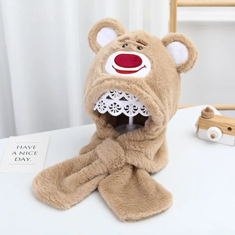 Strawberry Bear Hat Scarf Integrated Cold Protection in Winter Warm Scarf Gloves Two-Piece Children's Warm Cartoon Hat