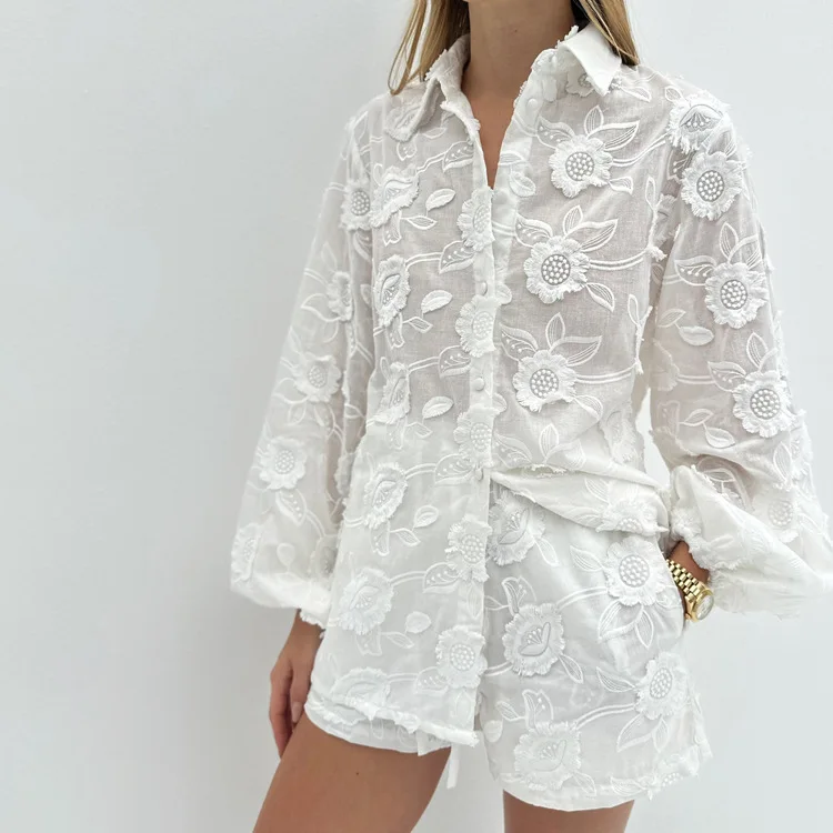Printed See-Through Sexy Outfits Female Patchwork Cardigan Shirts And Lace-Up High Waist Shorts Sets Autumn 2 Piece-Set