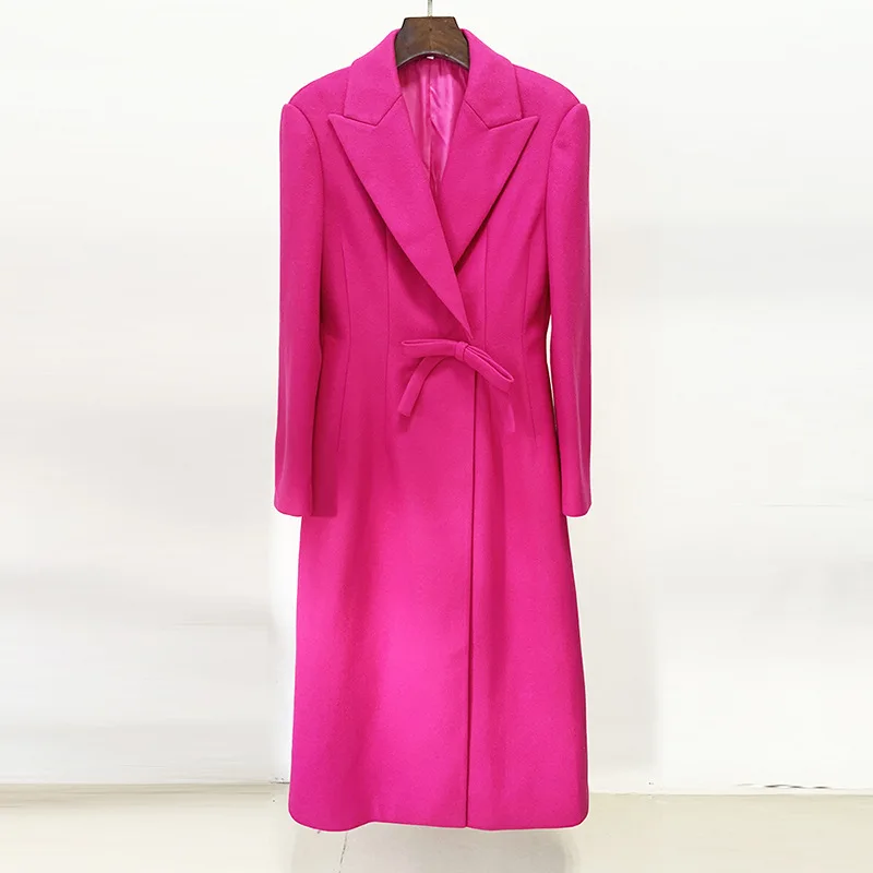 

2023 women autumn and winter new fashion bow long woolen coat