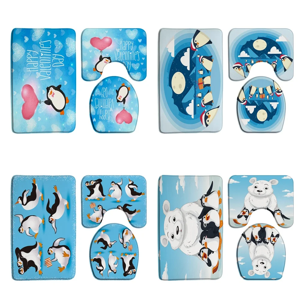 

Cute Cartoon Animals Penguin Bathroom Rug Sets 3Pcs Non Slip Valentine's Day Absorbent Soft Bath Mats for Tub Shower Toilet Rug