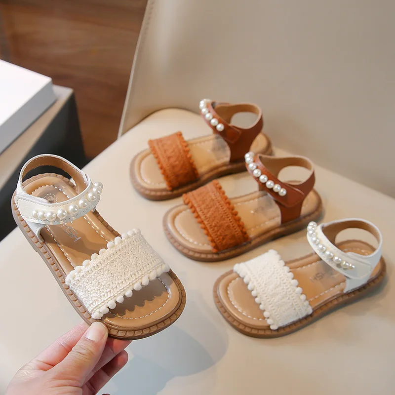 여아용 오픈 토 샌들, 베이지, 진주 플랫, 싱글 슈즈, 다크 브라운, 어린이 패션 샌들, 2-12 세, 여름 신상 
