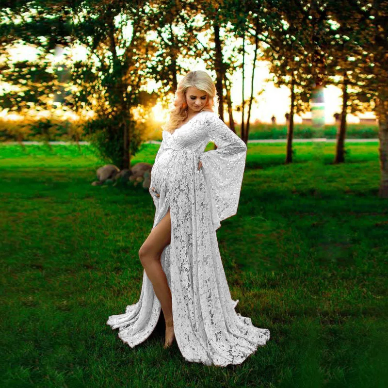 

Boho Style Maternity Photography Dress Sides Slit Hollow Out Lace Pregnant Woman Long Dress For Photo Shooting Flare Sleeve