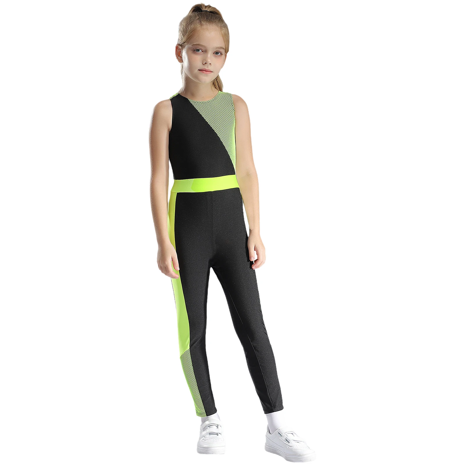 

Kids Girls Rhythmic Gymnastics Color Block Jumpsuits Sleeveless Breathable Patchwork Cross Back Bodysuit for Dance Competition