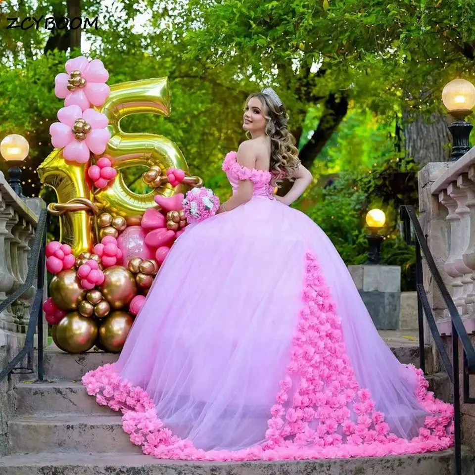 

Exquisite Pink Princess Off Shoulder Quinceanera Dress 2023 Sweet 16 Sweetheart Ball Gown 3D Flower Applique Vestidos De 15 Años
