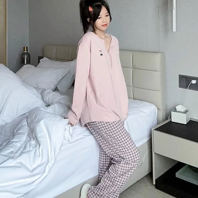 Women's spring and autumn plus-size pajamas Loose long sleeves simple single breasted sleepwear embroidery cartoon nightdress