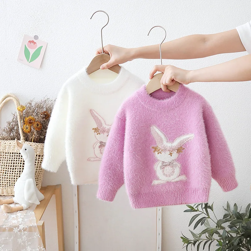 Babyhug Knit Full Sleeves Extra Soft Hairy Yarn Pullover Sweater with Bunny Embroidery - Pink