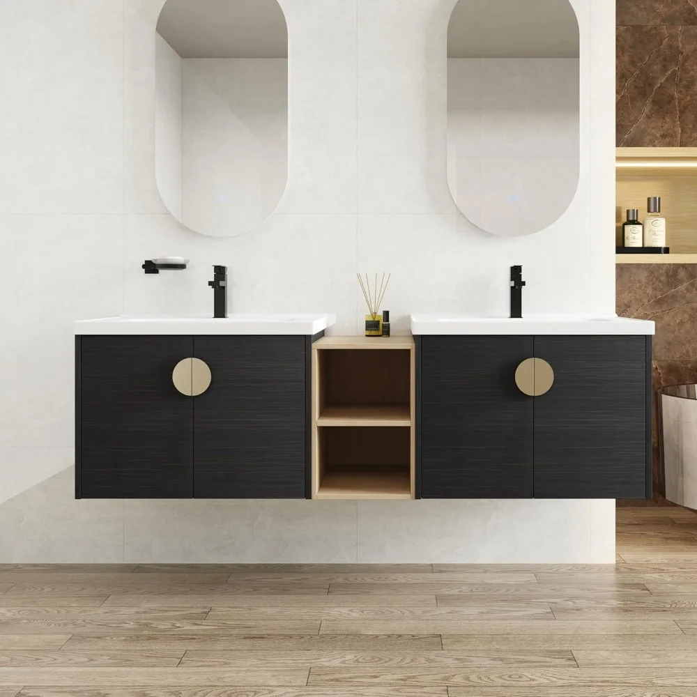 Double Sink Vanity Modern Wall Mounted Bathroom Vanity with Double Ceramic Sink Large Floating Bathroom Vanities Set 2