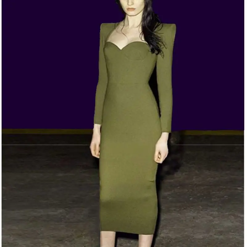 

New Arrivals Women's V Neck Long Sleeve Bandage Dress Elegant Celebrity Nightclub Runway Party Bodycon Army Green Polar Long Dre