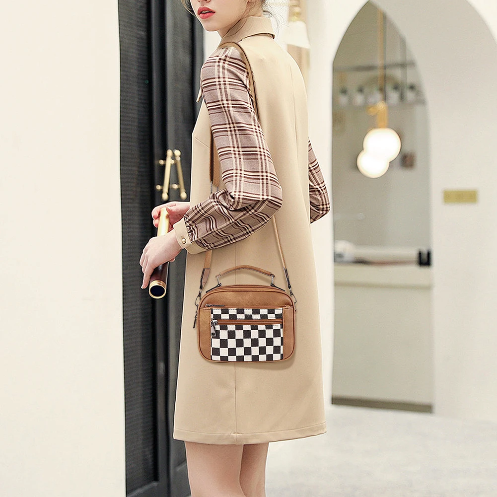 PU Checkered Tote Bag Zipper Closure Stylish Crossbody