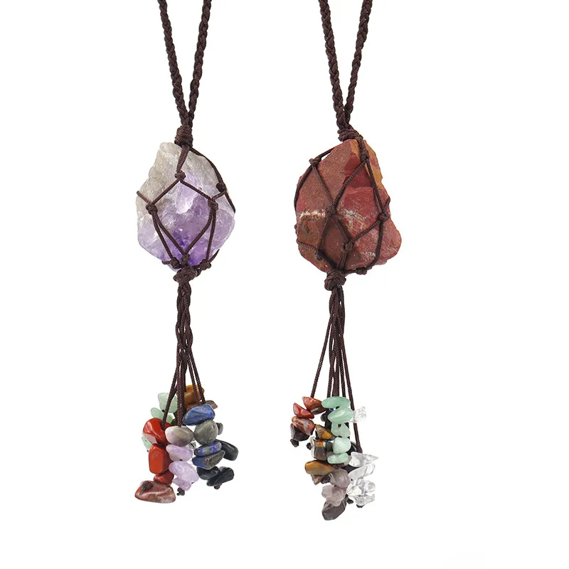 Unpolished Natural Mineral Crystal Rough braided pendant with Gravel tassel car interior hanging backpack handbag decoration natural aura crystal cluster rough irregular electroplating titanium coating rock quartz cluster with stand room decor ornaments