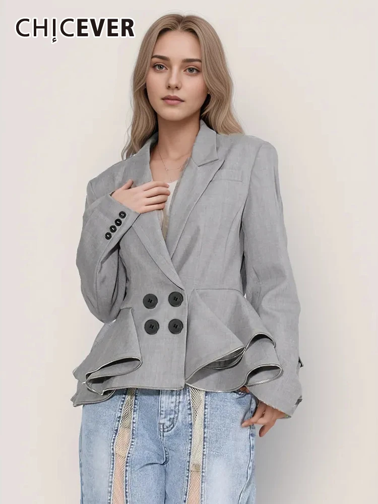 

CHICEVER Minimalist Temperament Spliced Ruffles Blazers For Women Notched Collar Long Sleeve Double Breasted Solid Blazer Female