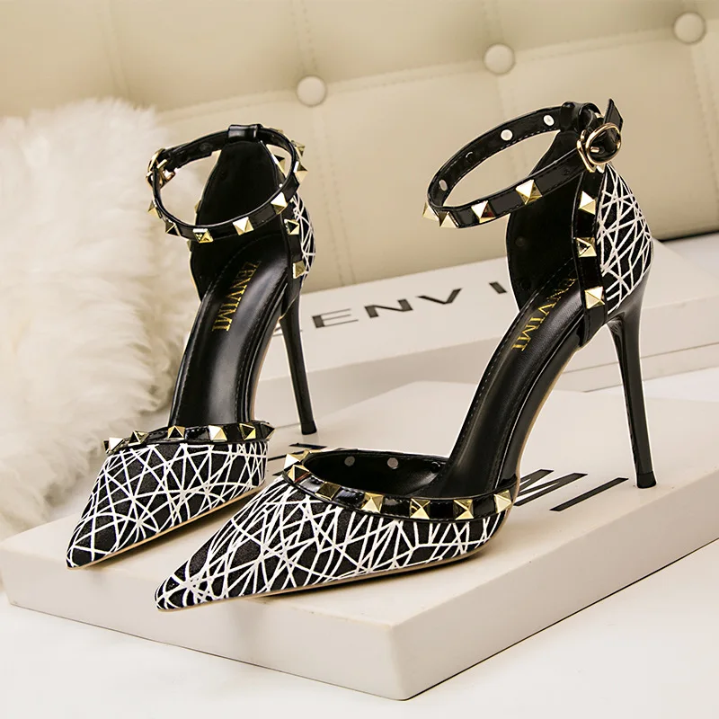 Sexy High Heel Women's Shoes Rivets Fine Heel High Heel Sequins Hollow Shallow Mouth Sandals Women Plus Size Women Shoes 41