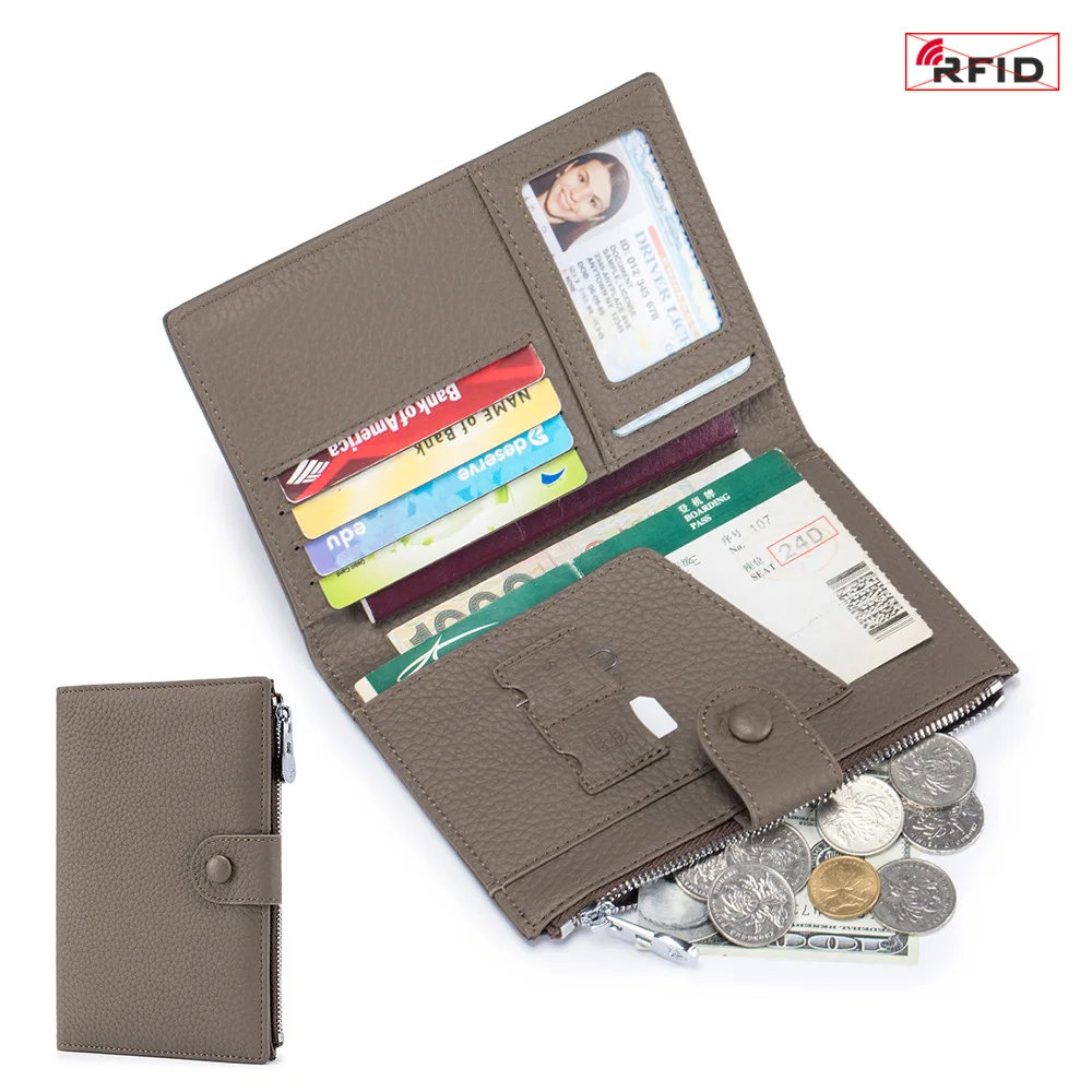 Genuine Leather RFID Ultra-thin Multi-functional Passport Bag Women's New Wallet Card Ticket Holder Documents Wallet Storage Bag