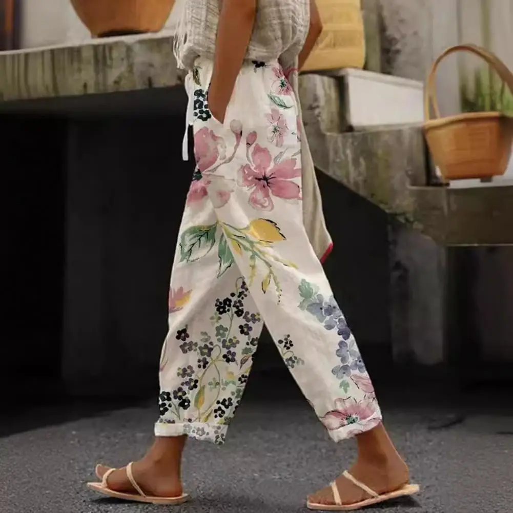 Women Rolled Hem Pants Floral Print Elastic Waist Harem Pants Boho Lace-up A-line Dress Set for Women Beach Office Shopping
