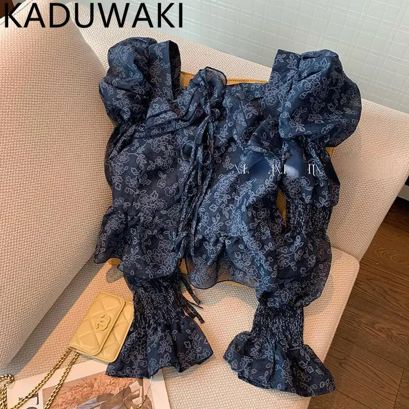 

Женская Винтажная футболка с цветочным принтом, длинная Повседневная модная женская футболка с квадратным вырезом, милые летние каскадные оборки