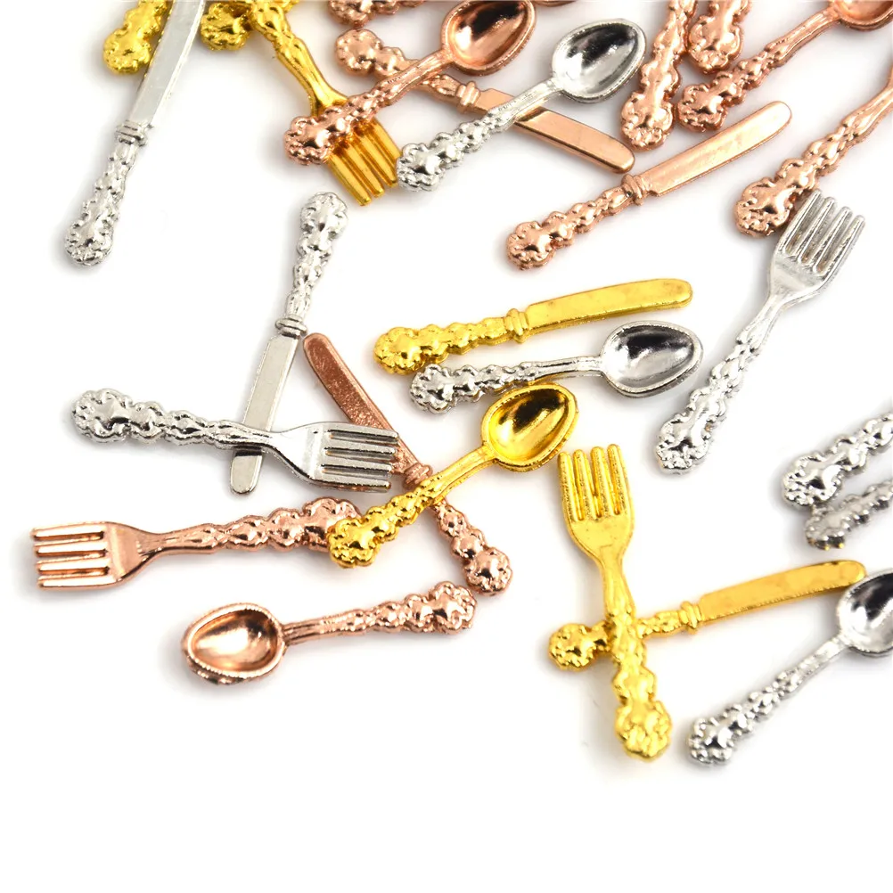 Dollhouse Furniture Set Doll House Toys Pretend Kitchen Toys Kitchen Toys 12Pcs 1:12 Mini Vintage Dollhouse Miniatures Tableware Cutlery Metal Knife Fork Spoon Kitchen Food Furniture Toys Gold Silver