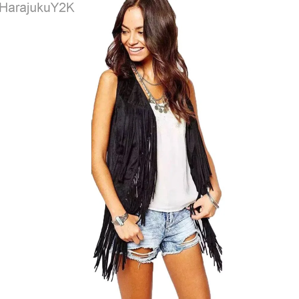 

Women Sleeveless Tassel Fringe Jacket Womens Multi-size Jackets Coats