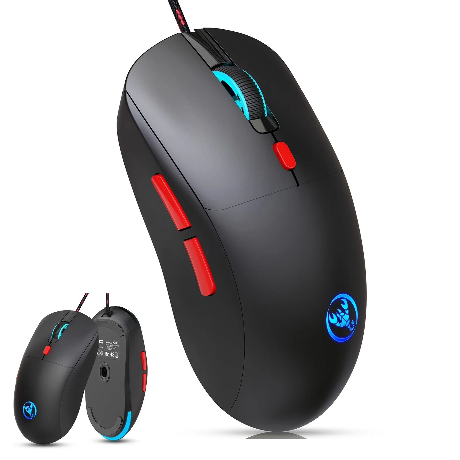 6키 유선 게이밍 마우스, 3600dpi 조절 가능, 7색 RGB, 가정, 사무실, 노트북, 컴퓨터 게이머용 편안한 마우스