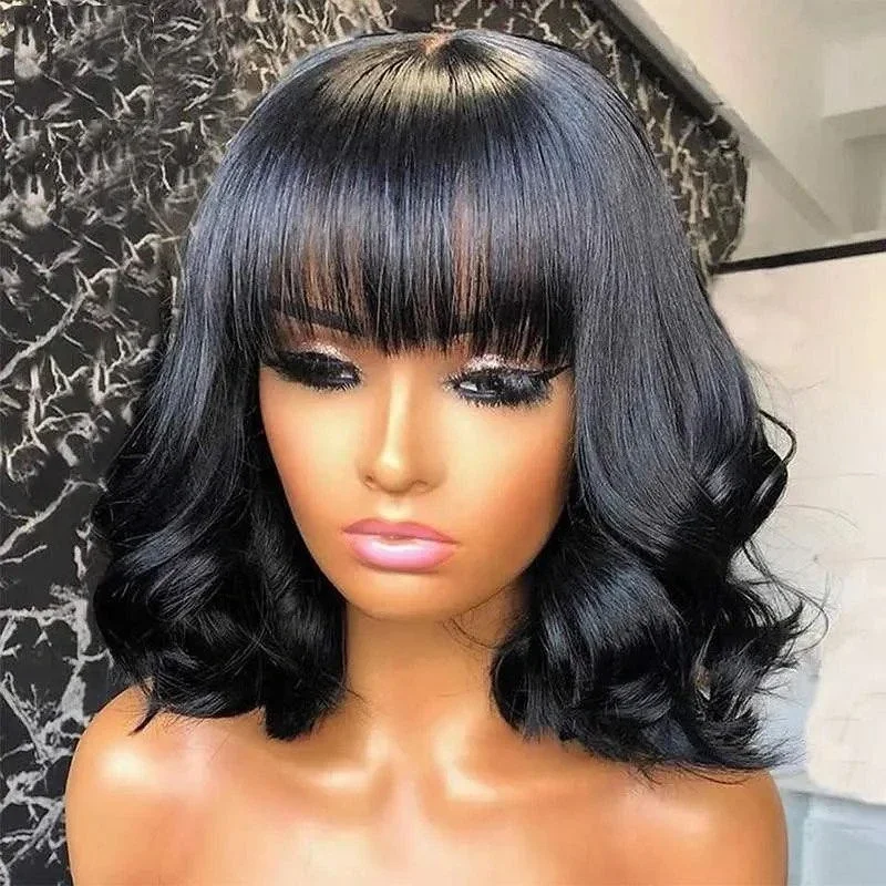 Body Wave Short Bob Human Hair Wig With Bangs Full Machine Made Glueless For Black Women Brazilian Water Wave Bob Wig With Bangs