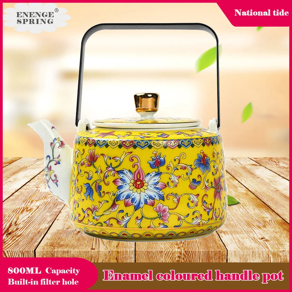 Enamel Coloured Handle Pot 800ml Ceramic Teapot With Filter Screen Tea