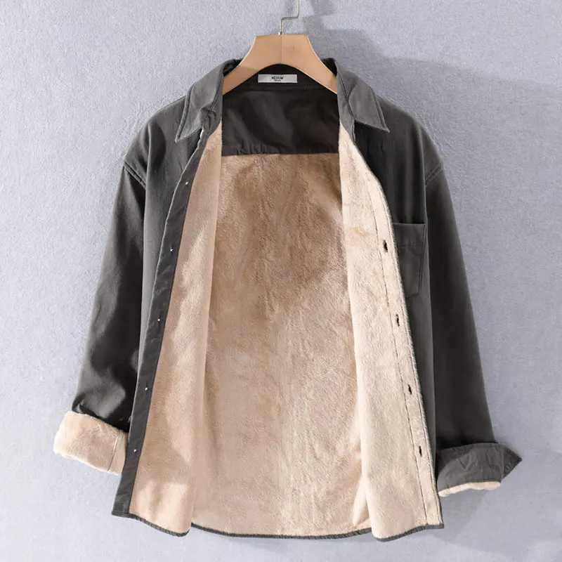 Mens Winter Shirts Fashion Solid Color Fleece Thick Warm Long Sleeve