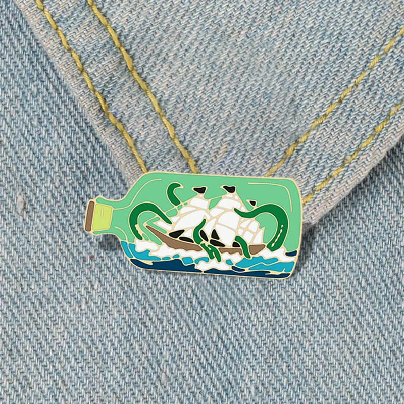 

Drifting Bottle Brooches Art Metal Pins Enamel Brooch Boat Sea Wave Badges Lapel Pin Denim Bag Fashion Jewelry Gifts for Friends