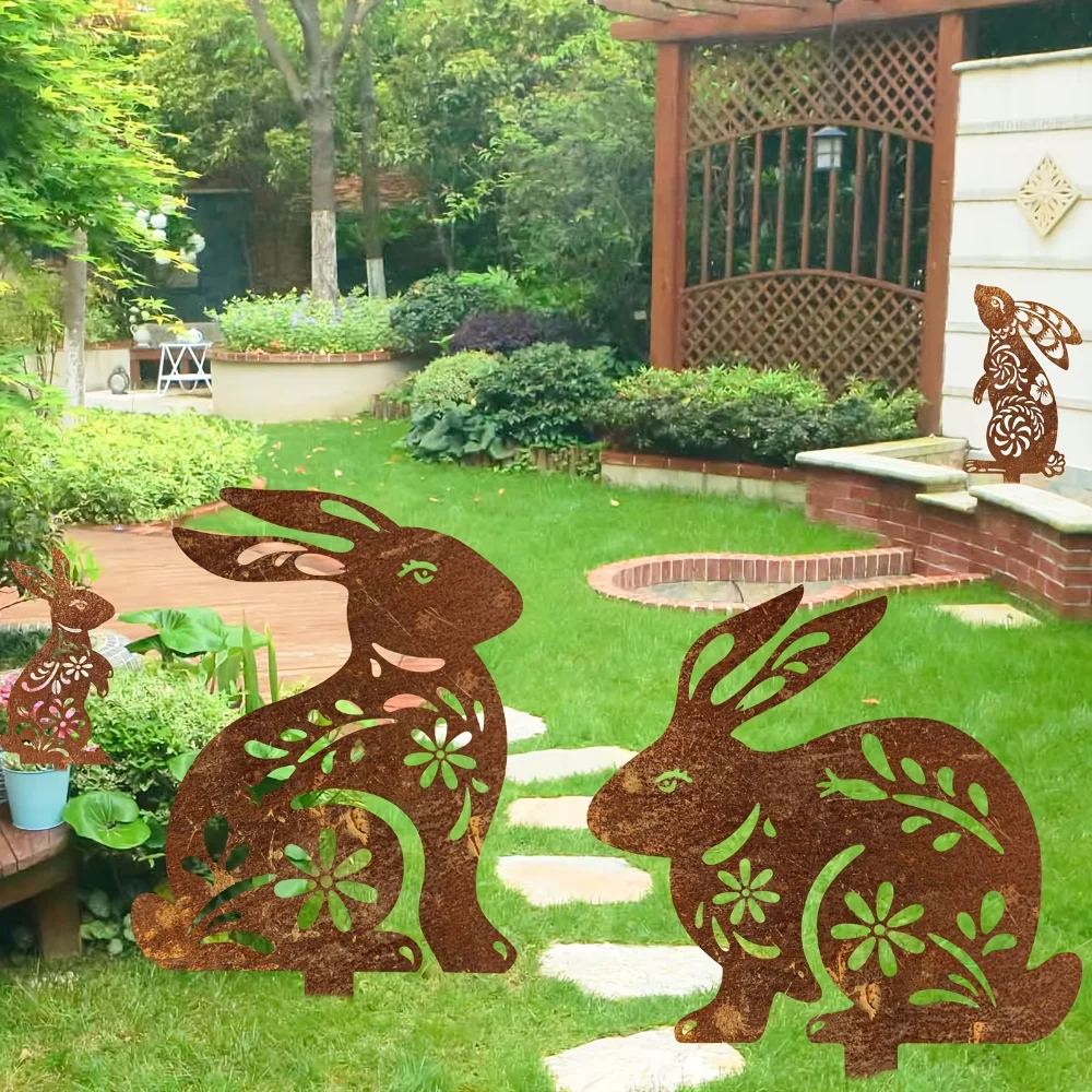 RUSTY METAL FILIGREE HARE / RABBIT SILHOUETTE GARDEN STAKE